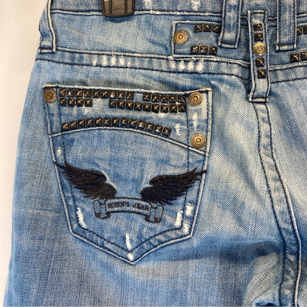 Robin's Boyfriend Jean Light Blue Distressed Straight Leg Jeans Size 26 Studded - Picture 14 of 16